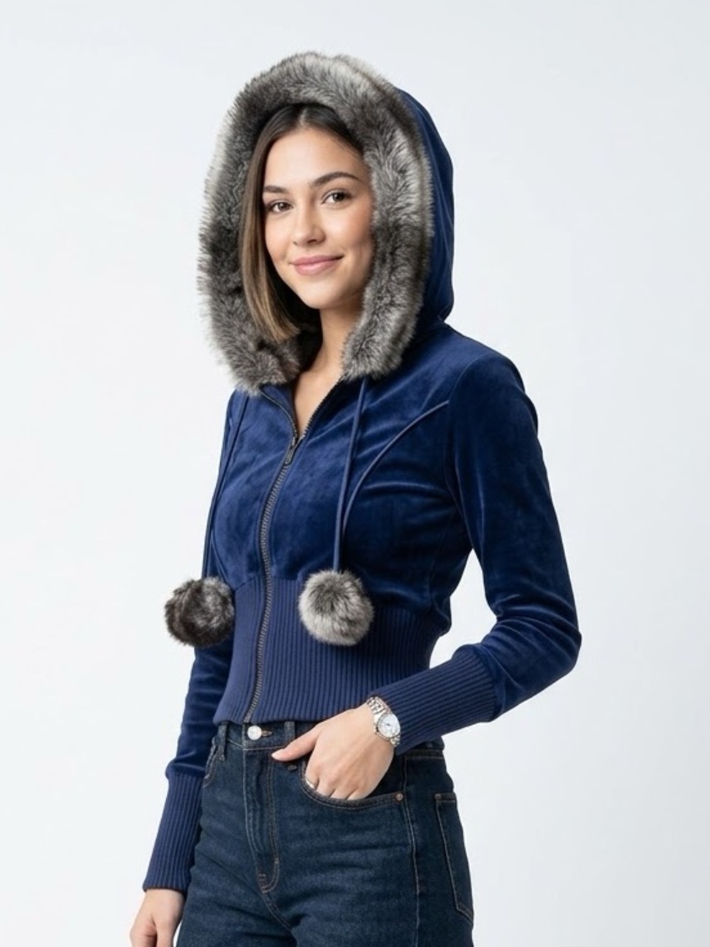 Beach Bunny Navy Velvet Hooded Bomber Jacket with Faux Fur Trim XS